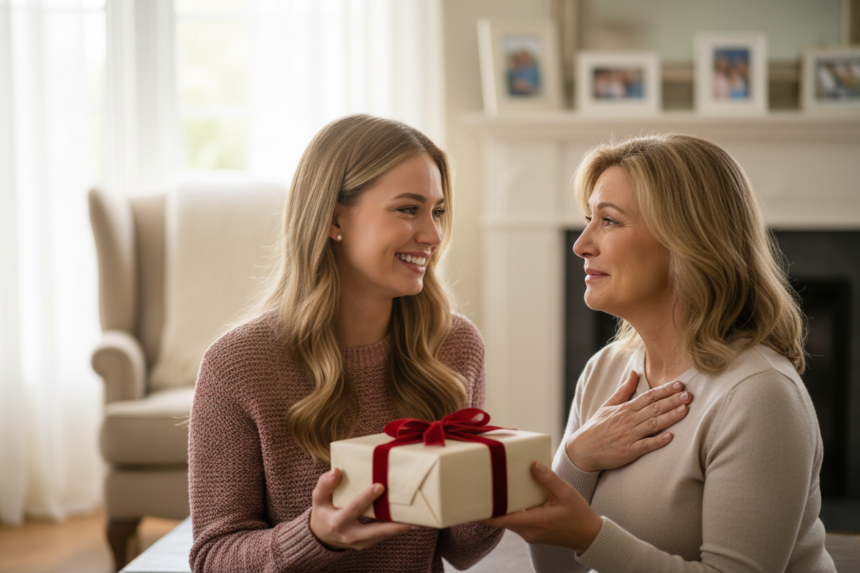Daughter giving mom a gift